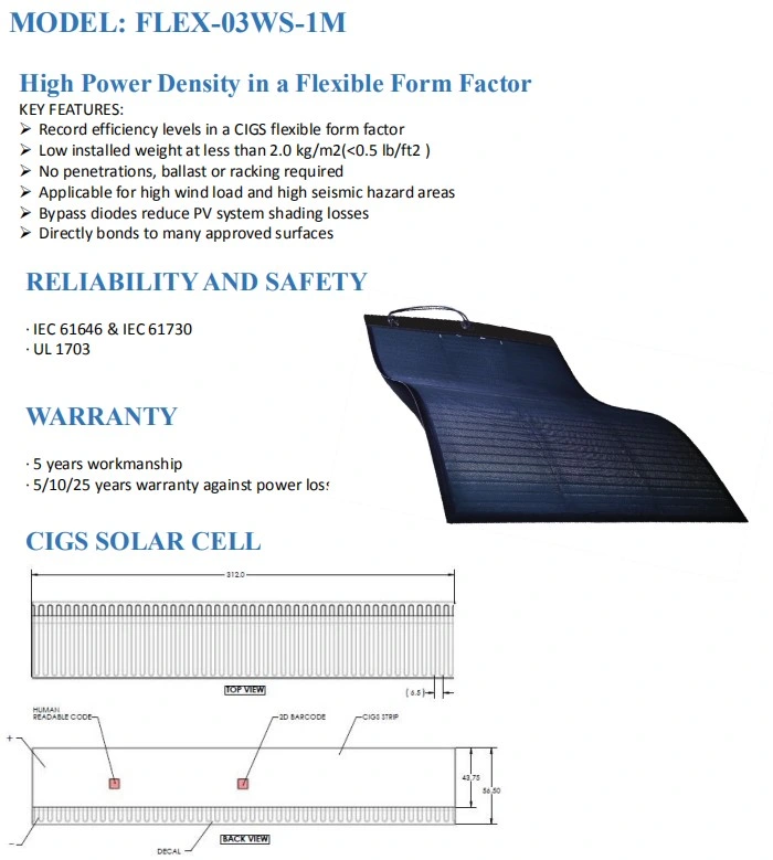 16.5% Efficiency 170W Flexible Solar Panel for Membrane Roofing (FLEX-03WS-170W)